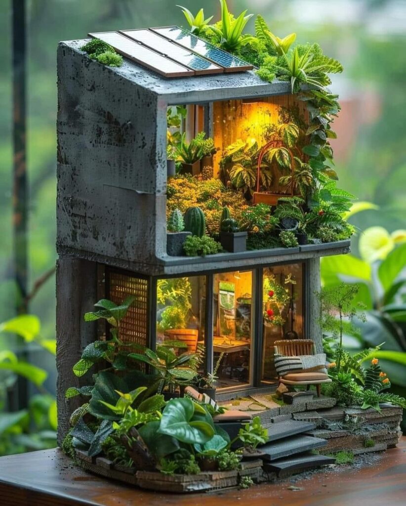 Miniature two-story greenhouse apartment with plants