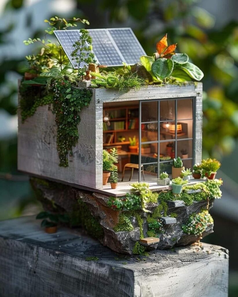 Miniature greenhouse with solar panels and library