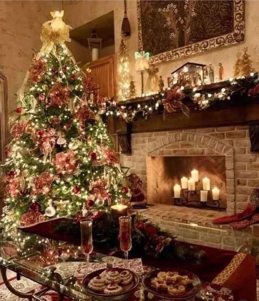 "Luxurious Christmas tree beside candlelit fireplace with treats"