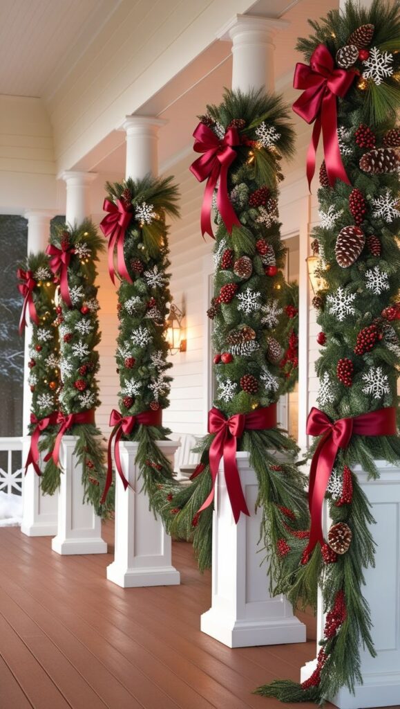 Christmas garlands wrapped around white porch columns with red bows