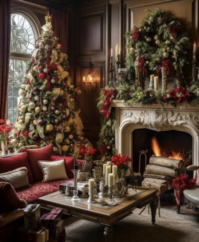 "Luxurious Christmas tree beside ornate fireplace with festive decorations"