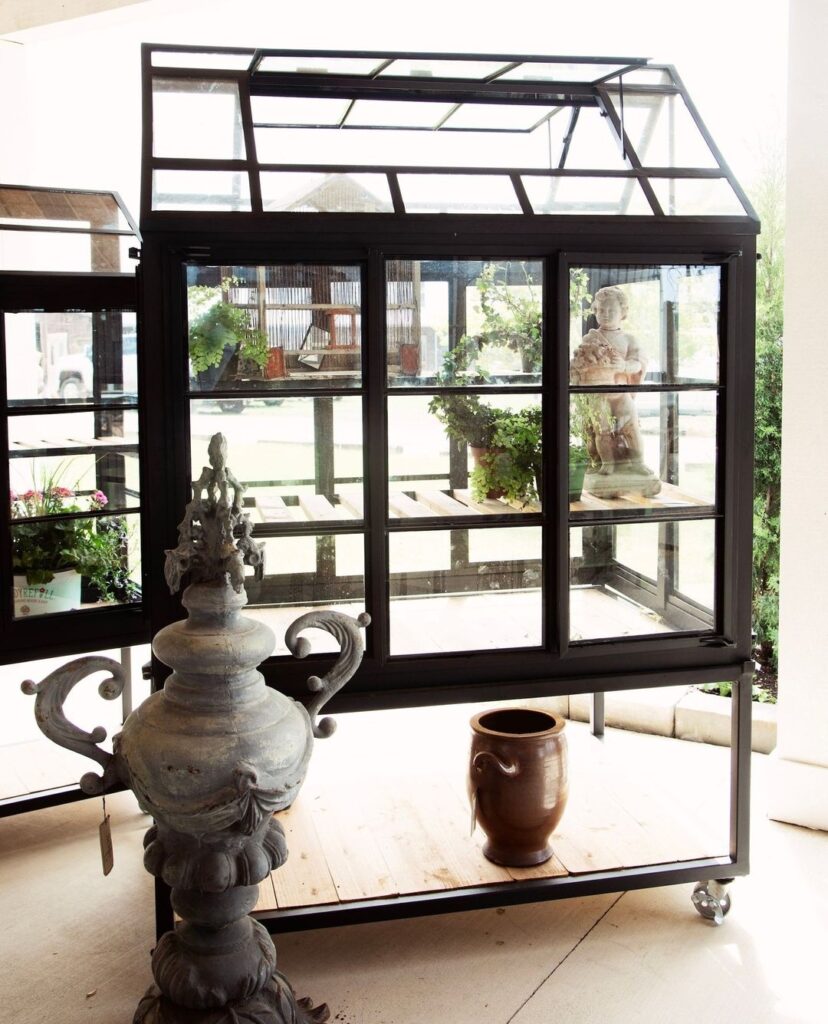 Wheeled glass cabinet greenhouse with decorative objects