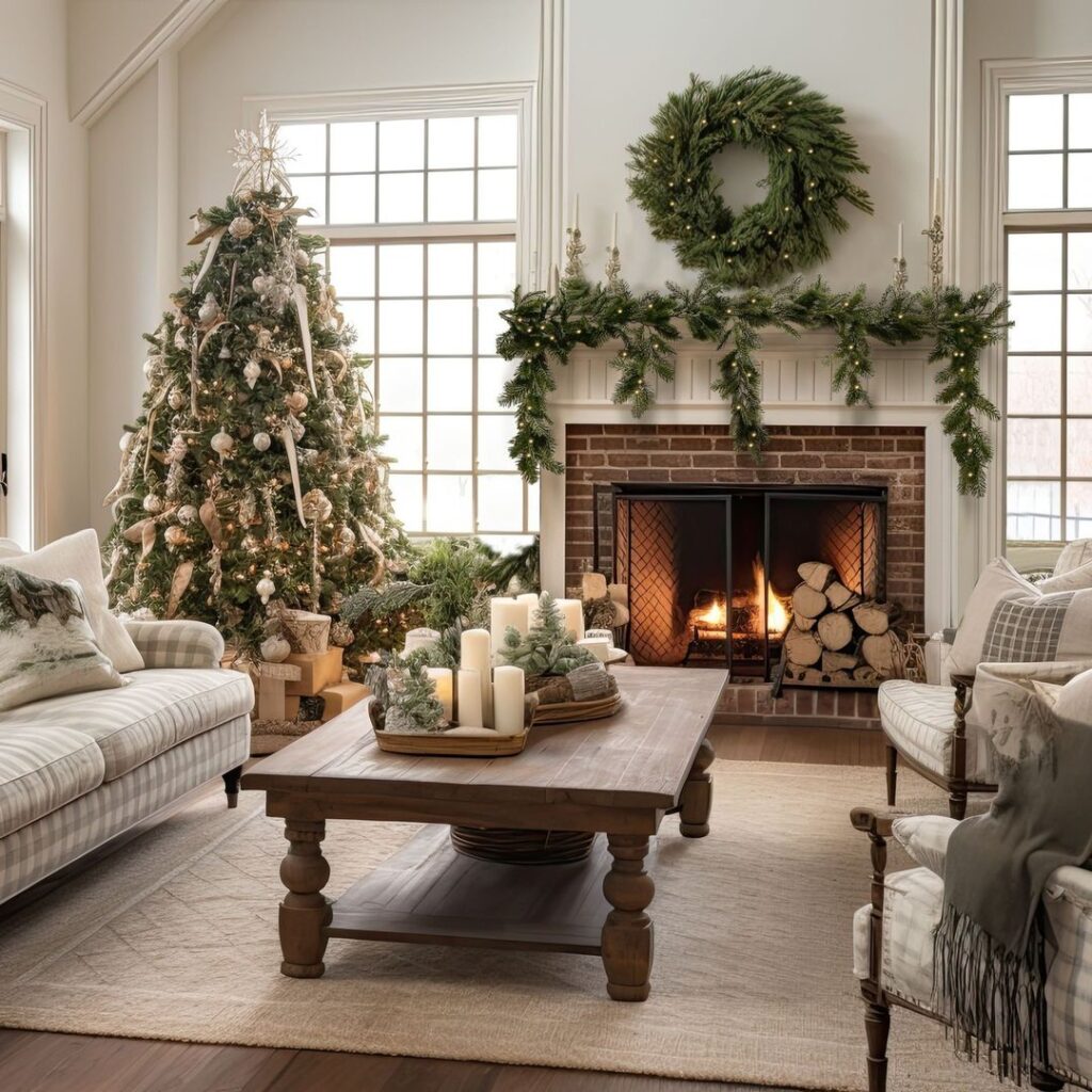 "Serene white Christmas living room with neutral decor and lit fireplace"