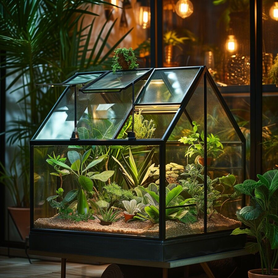 Compact glass terrarium with diverse tropical plants