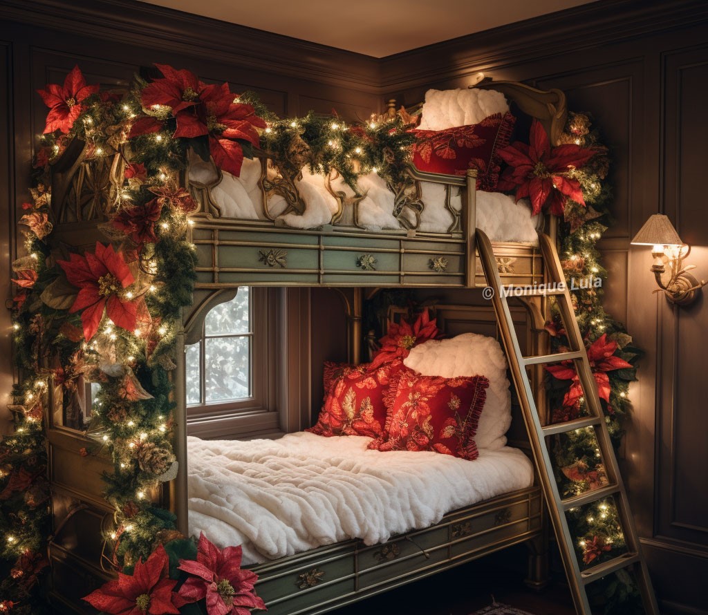 Bunk beds with Christmas decorations and twinkling lights