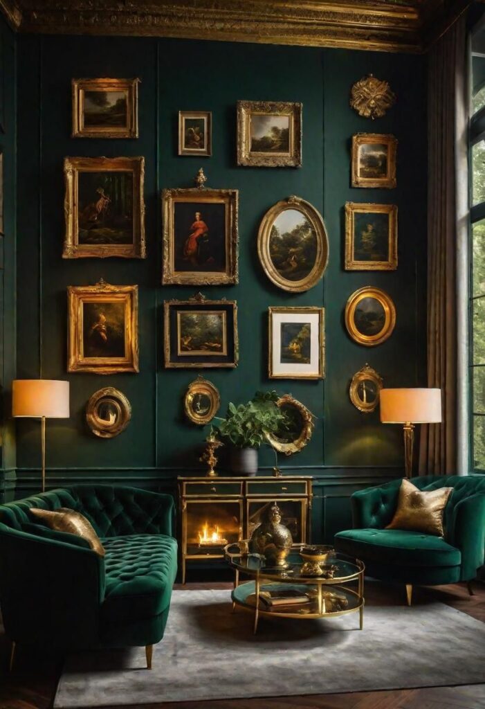 Dark green living room with gold-framed art and velvet chairs