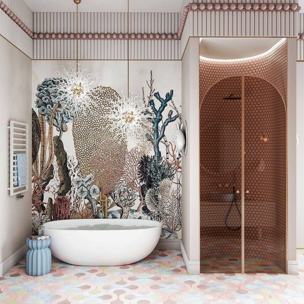 Bathroom with coral reef mural, white tub, and copper shower enclosure.