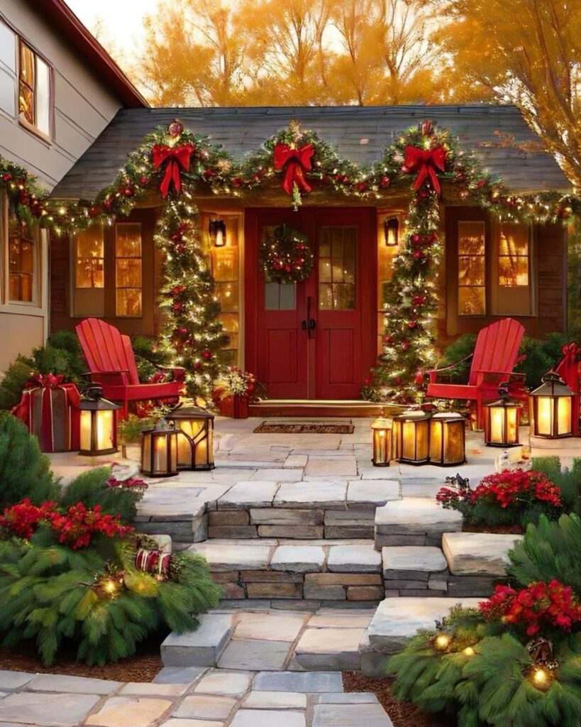 Decorated cottage entrance with lit garlands and stone steps