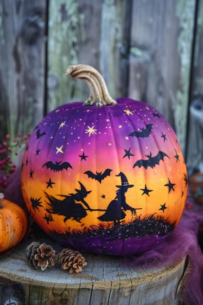Painted pumpkin with colorful Halloween silhouette scene.