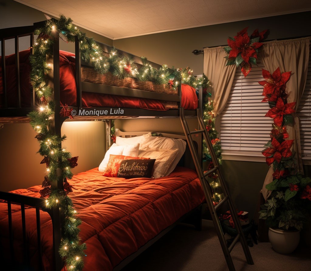 Festive bunk bed with lights and Christmas decorations