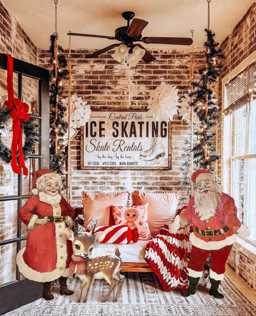 Christmas porch with vintage Santas, ice skating sign, and festive decor.