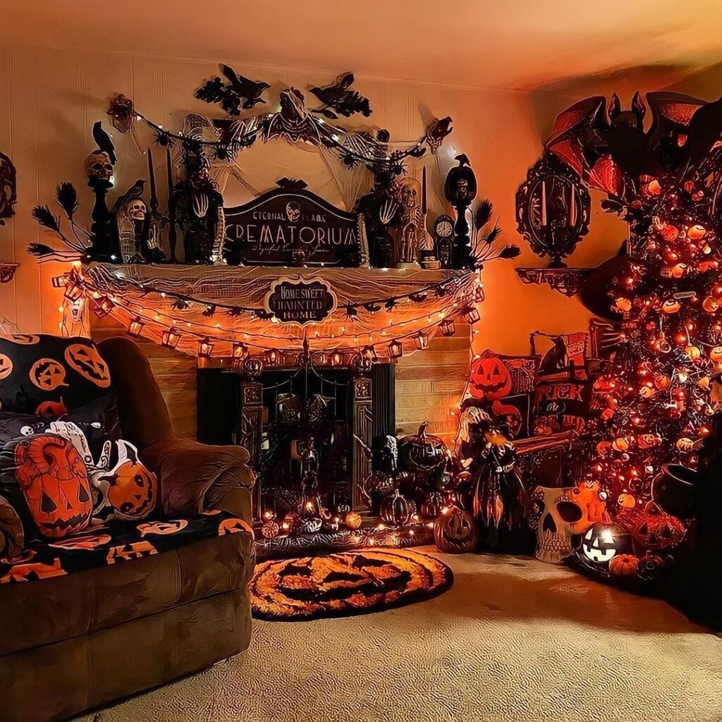 Intensely decorated Halloween living room with spooky fireplace and orange glow