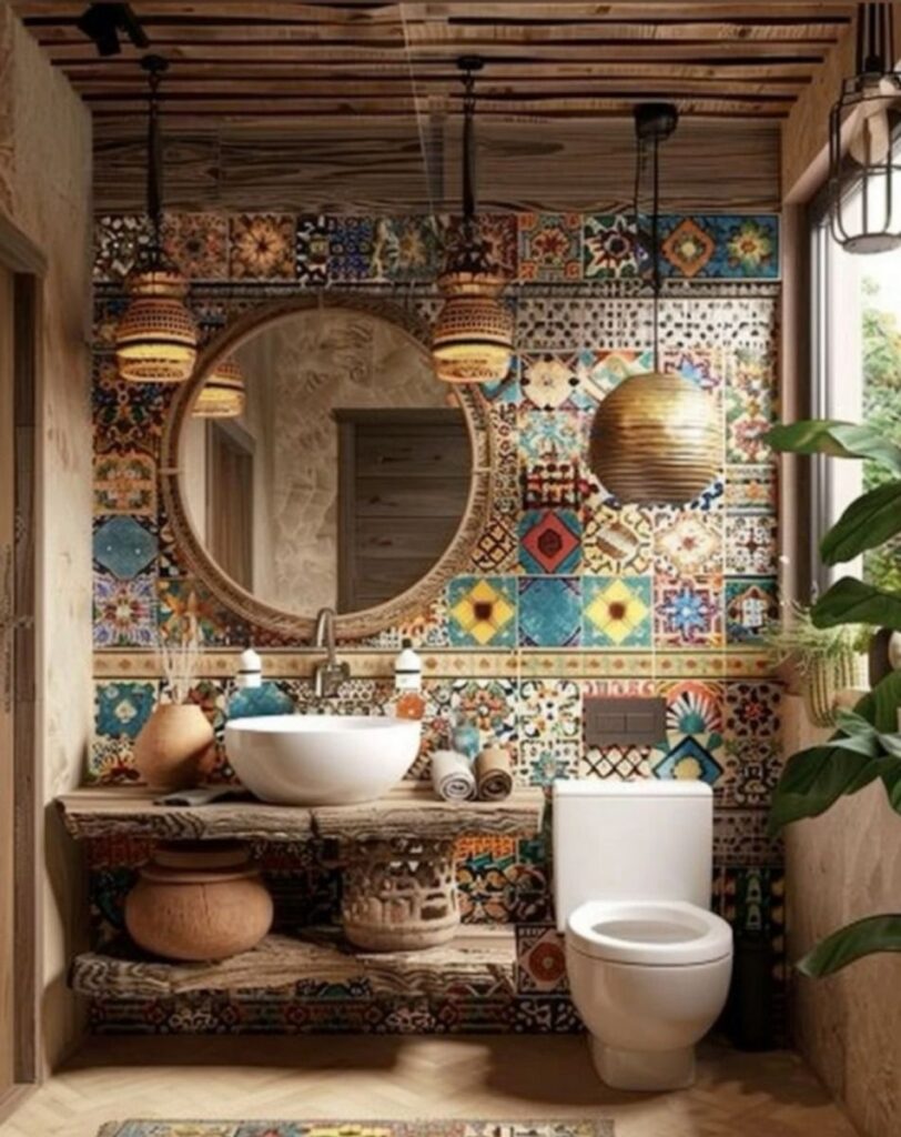 Colorful Moroccan-tiled bathroom with wooden accents and bowl sink