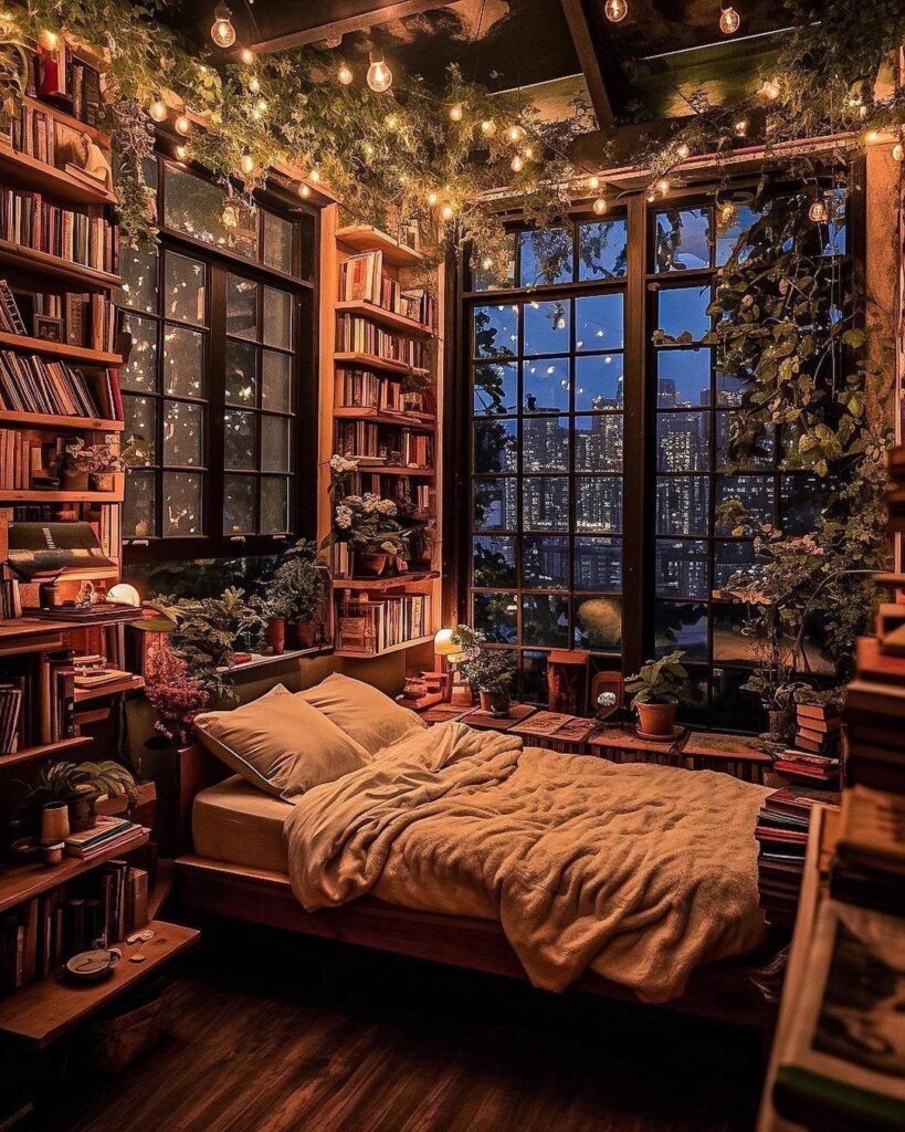 Cozy bedroom surrounded by bookshelves fairy lights and city view