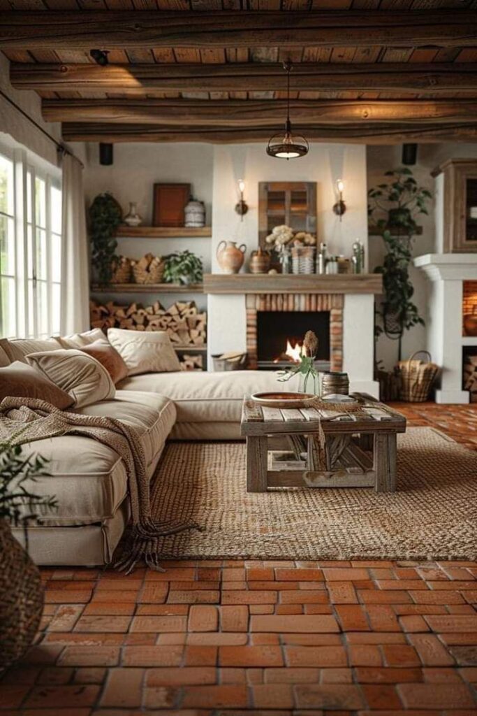 Cozy farmhouse living room with fireplace and wooden beams