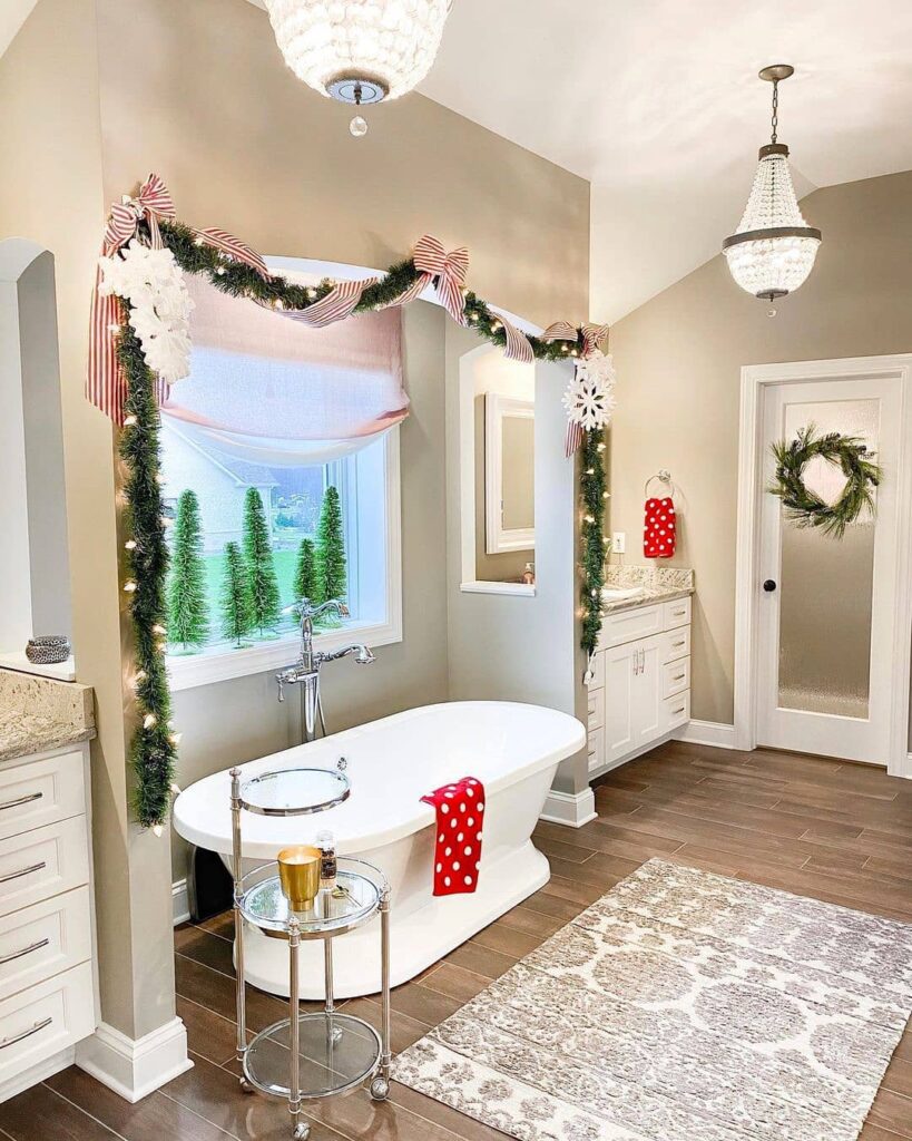 Elegant bathroom with holiday decorations and freestanding tub