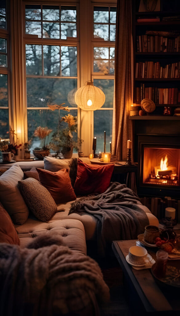 Cozy living room corner with fireplace and large windows