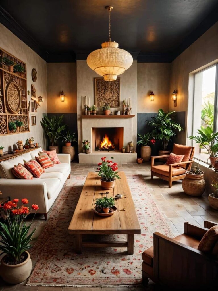 Cozy living room fireplace plants warm lighting