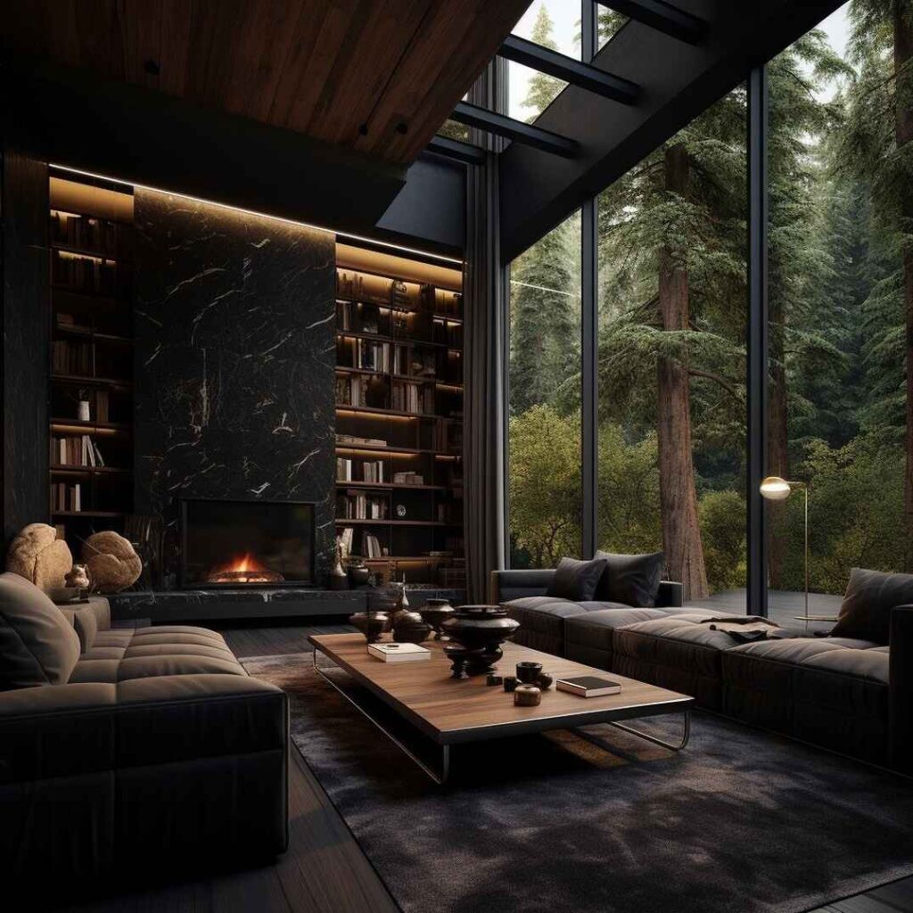 Black luxury living room with forest view fireplace and bookshelves