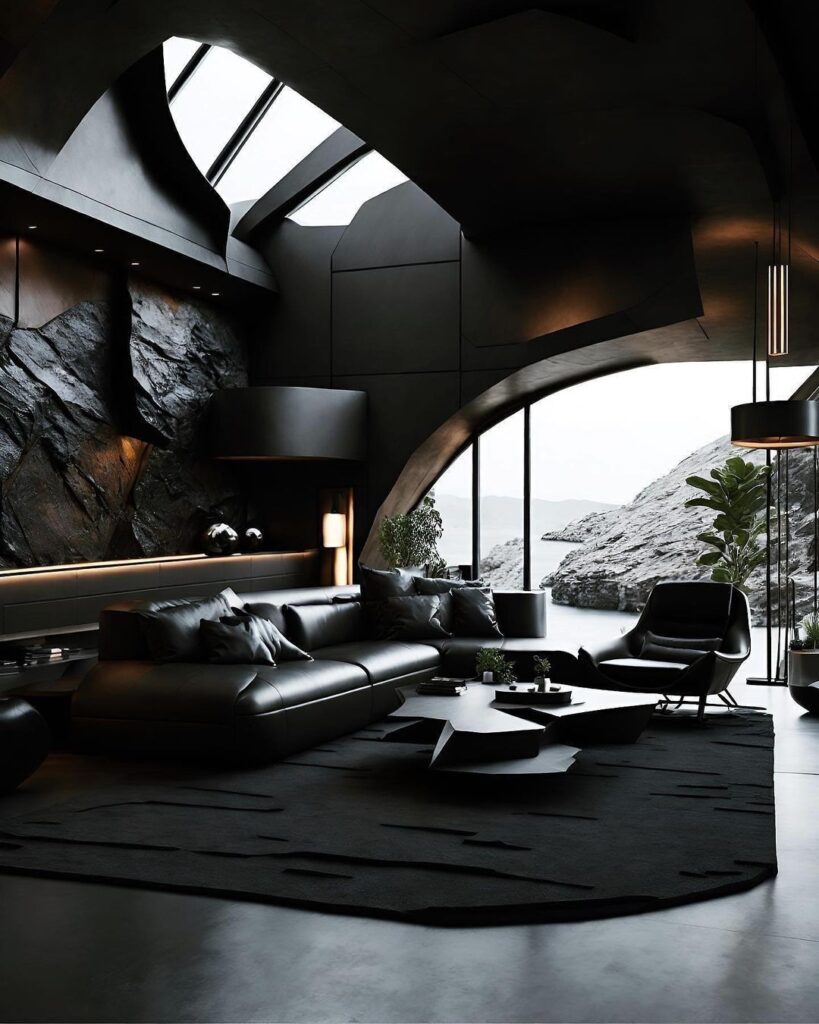 Modern black living room with curved windows overlooking rocky coast