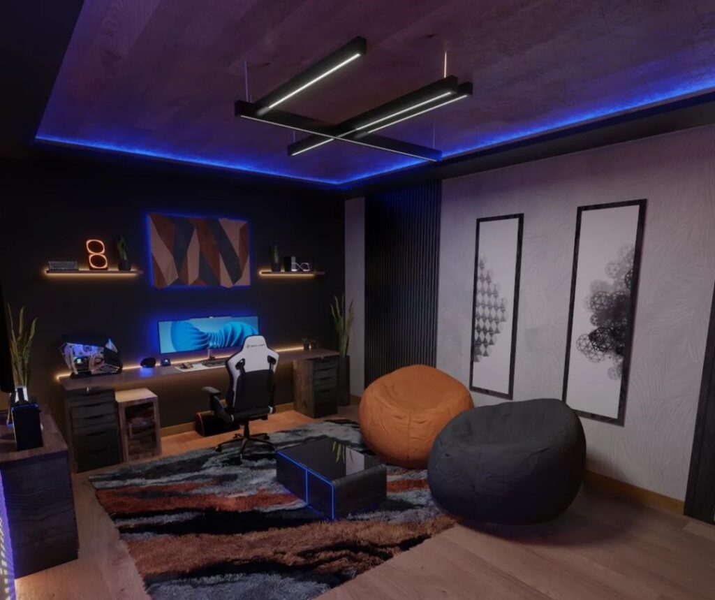 Modern gaming room with blue LED lighting and minimalist decor