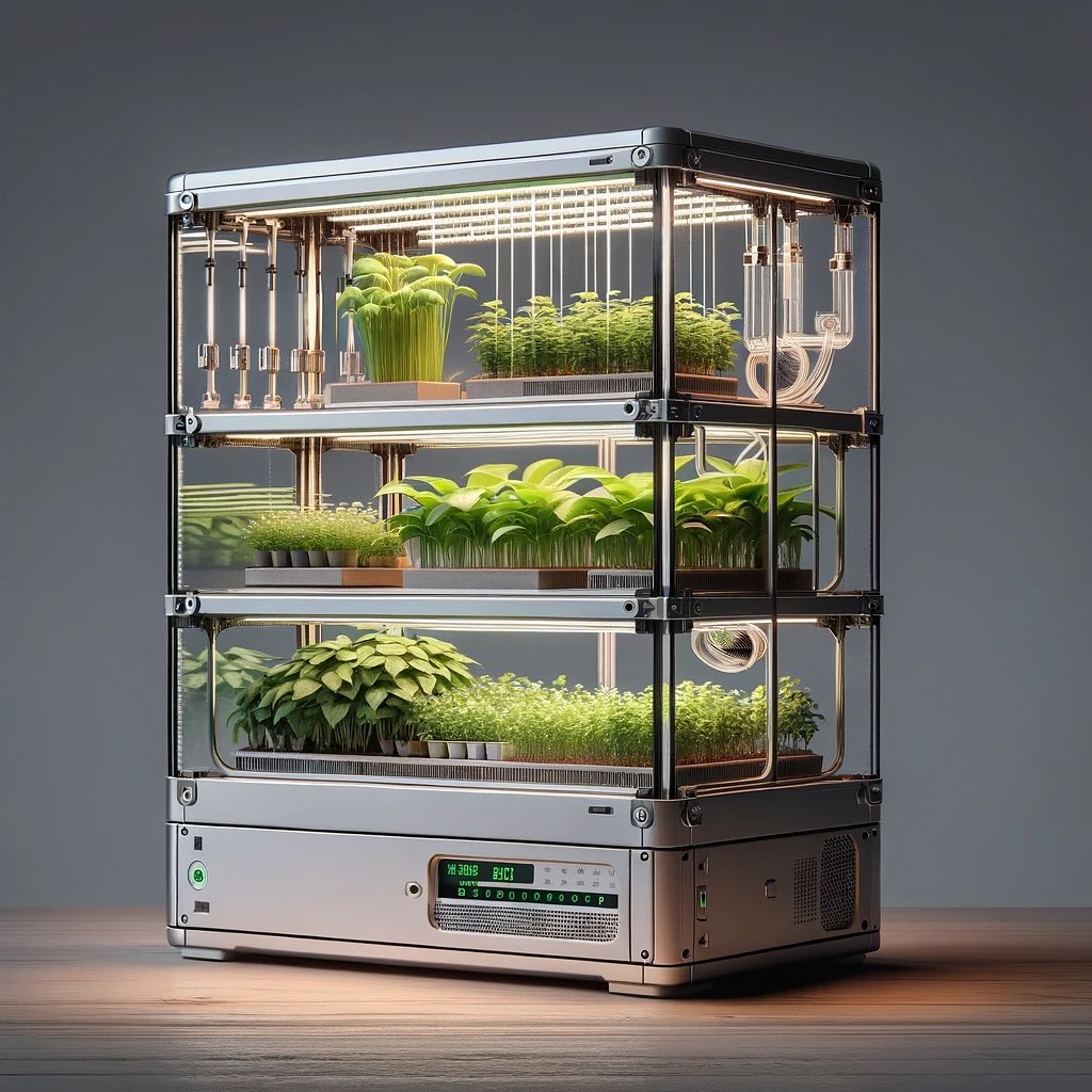 Three-tiered hydroponic greenhouse with LED lights and various herbs.