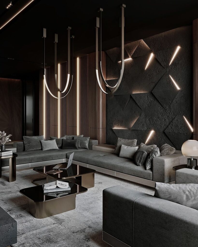 Luxurious dark living room with unique lighting