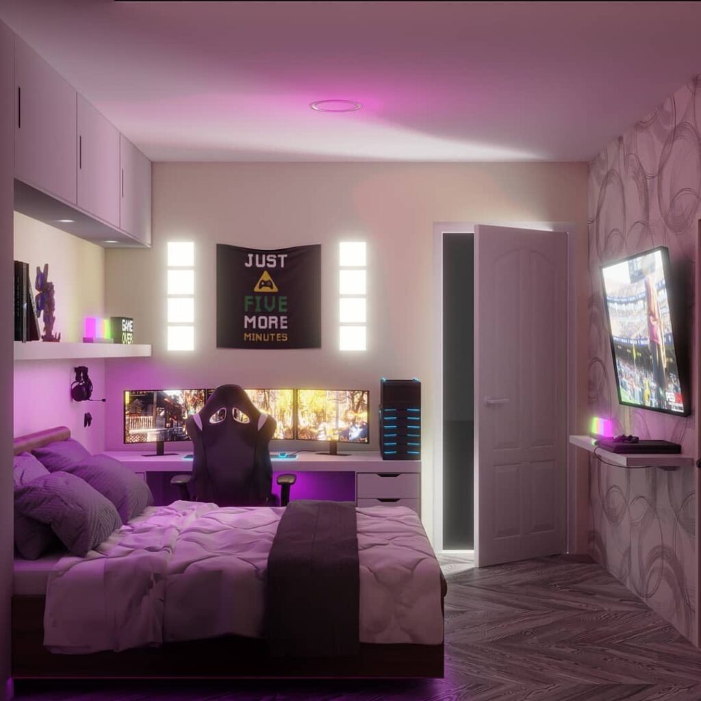 Purple-lit bedroom with gaming setup and cozy bed