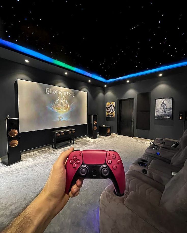 Futuristic gaming room with starry ceiling