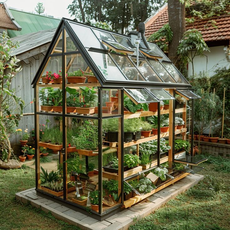 Glass greenhouse filled with potted plants on shelves in backyard