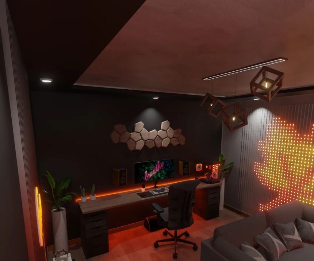 Modern office with geometric lights and orange glow