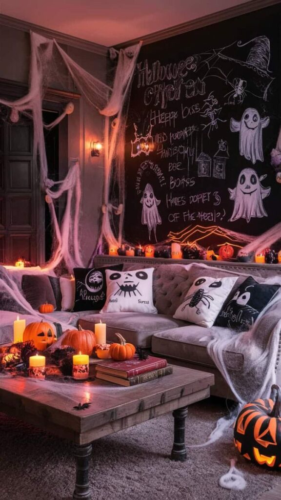 Halloween living room with chalkboard art cobwebs and glowing pumpkins