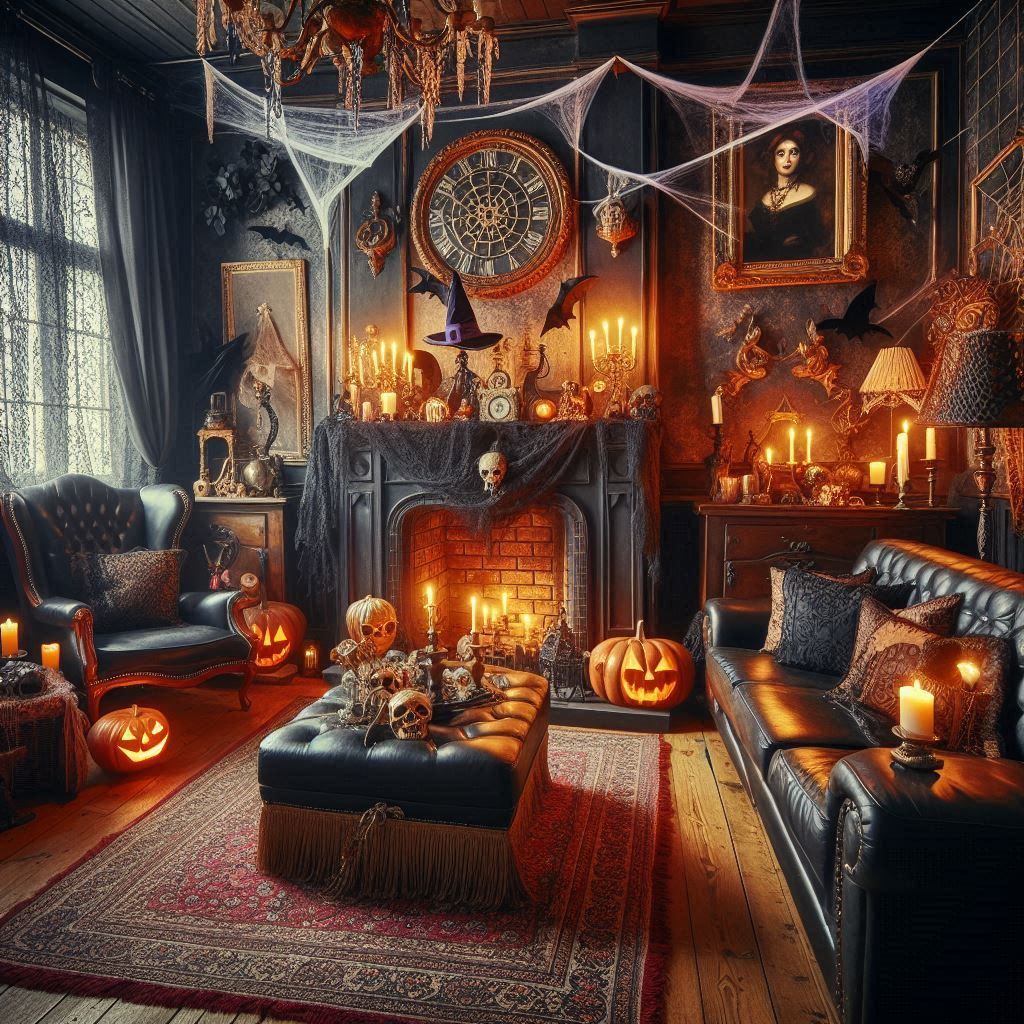 Luxurious gothic-style living room with Halloween decor.