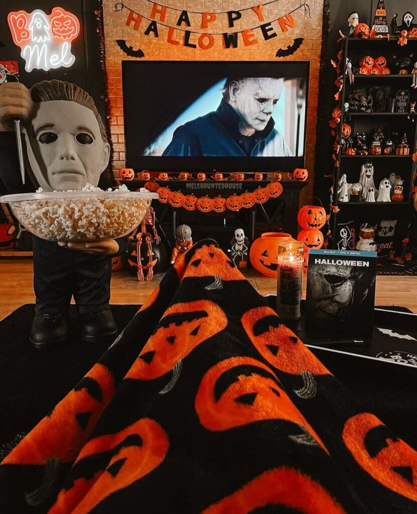 Halloween-decorated room with horror movie theme