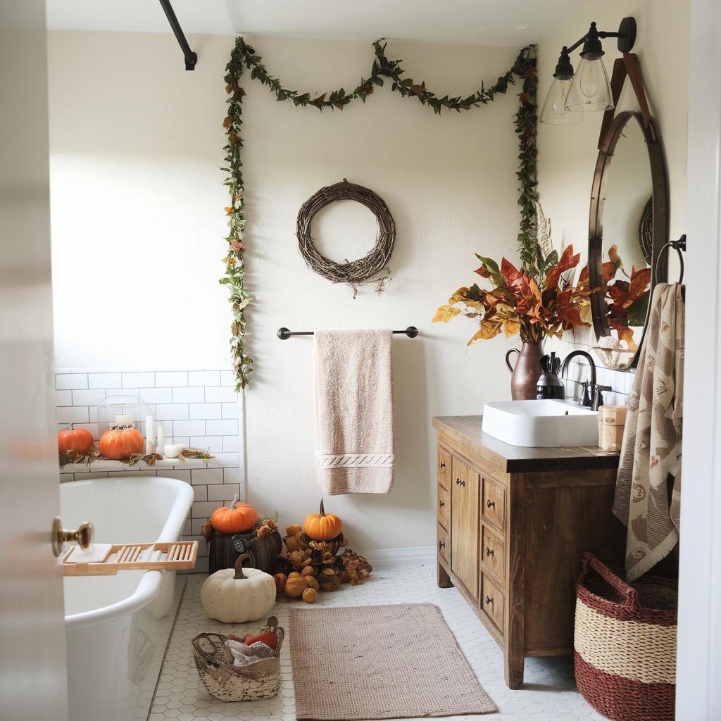 Bathroom with fall decor pumpkins and garlands