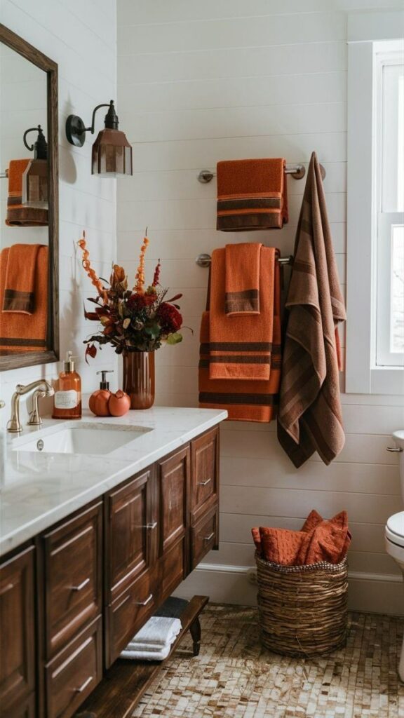 Bathroom with orange towels and fall decor