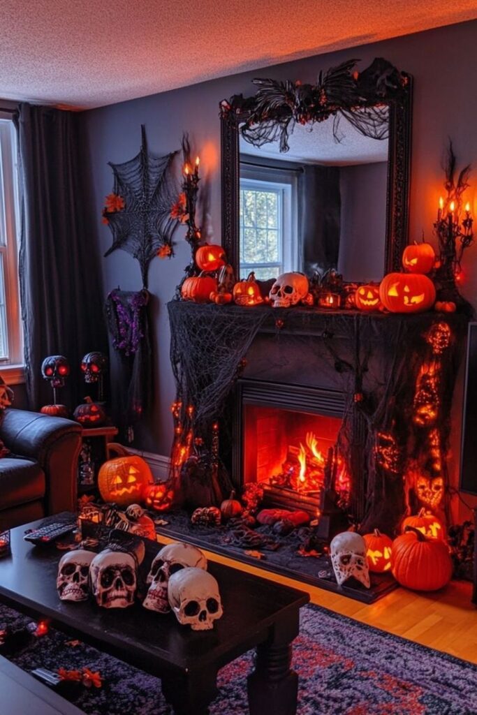 Haunted living room with fiery fireplace, pumpkins, and skulls.