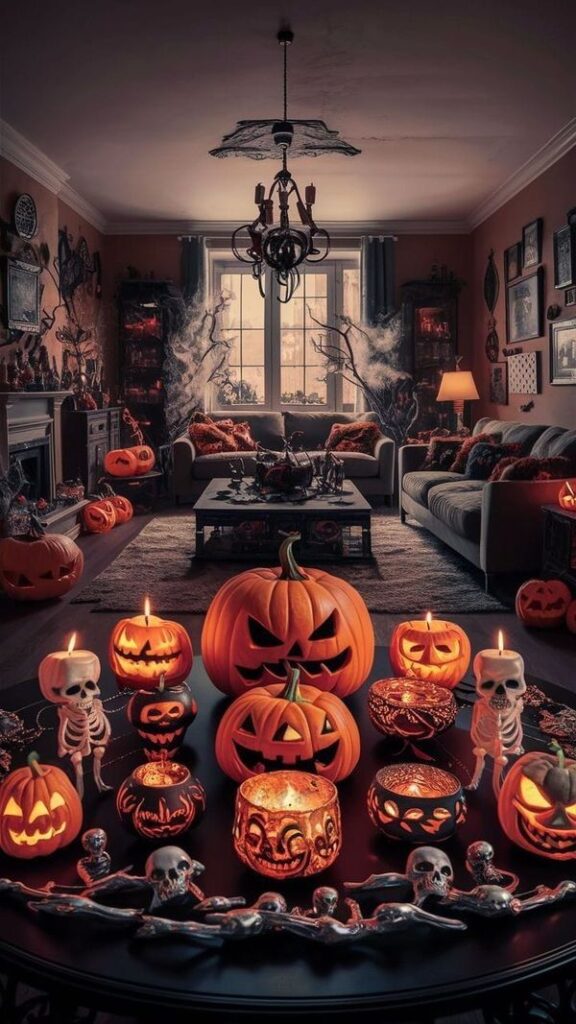 Halloween-decorated living room with pumpkins and skulls