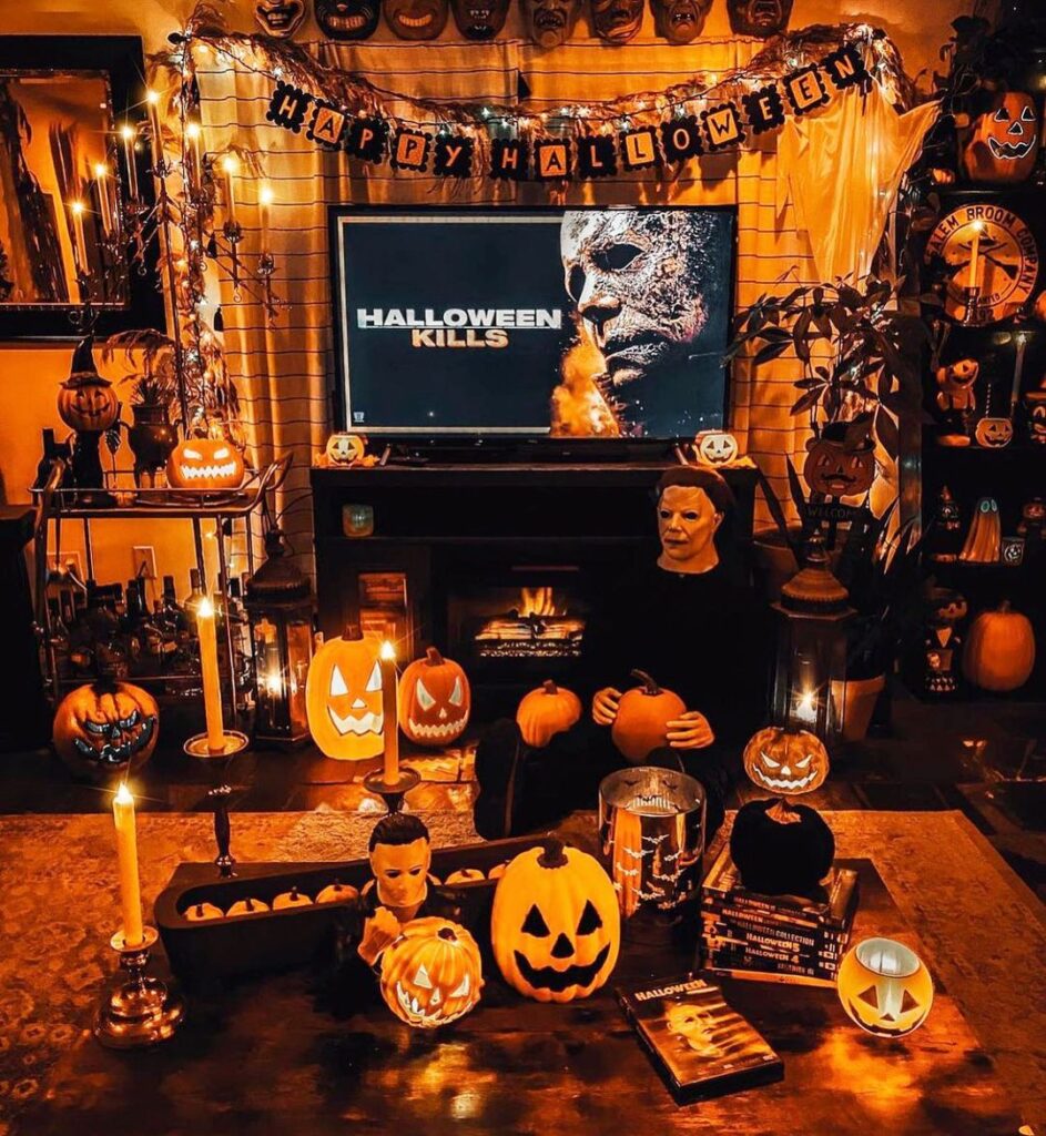 Halloween movie-themed room with eerie decorations