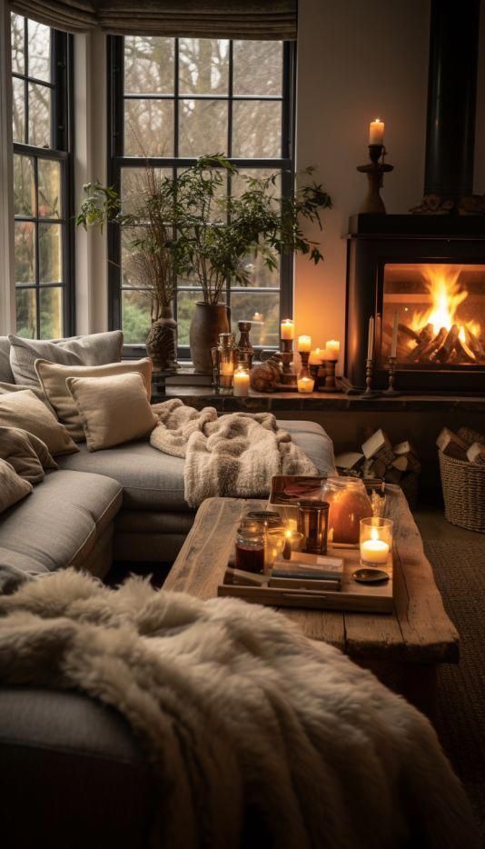 Cozy living room corner with fireplace candles and soft furnishings.