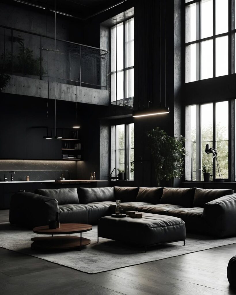 Moody loft living room with black decor, large windows, and industrial lighting.