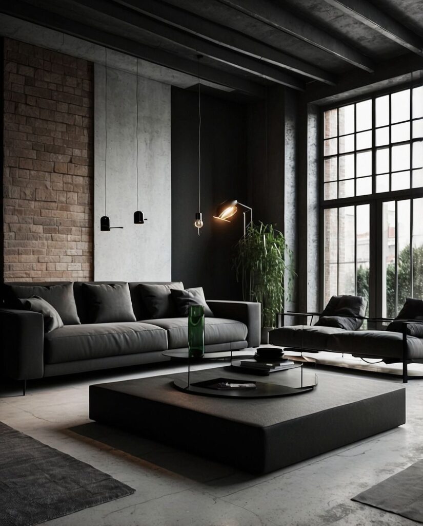 Dark industrial living room with large windows and plants