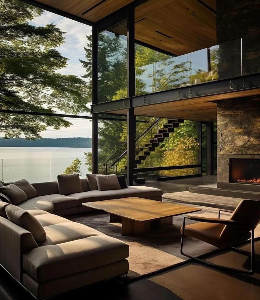 Modern living room with glass walls overlooking lake, fireplace, and dark comfortable seating.