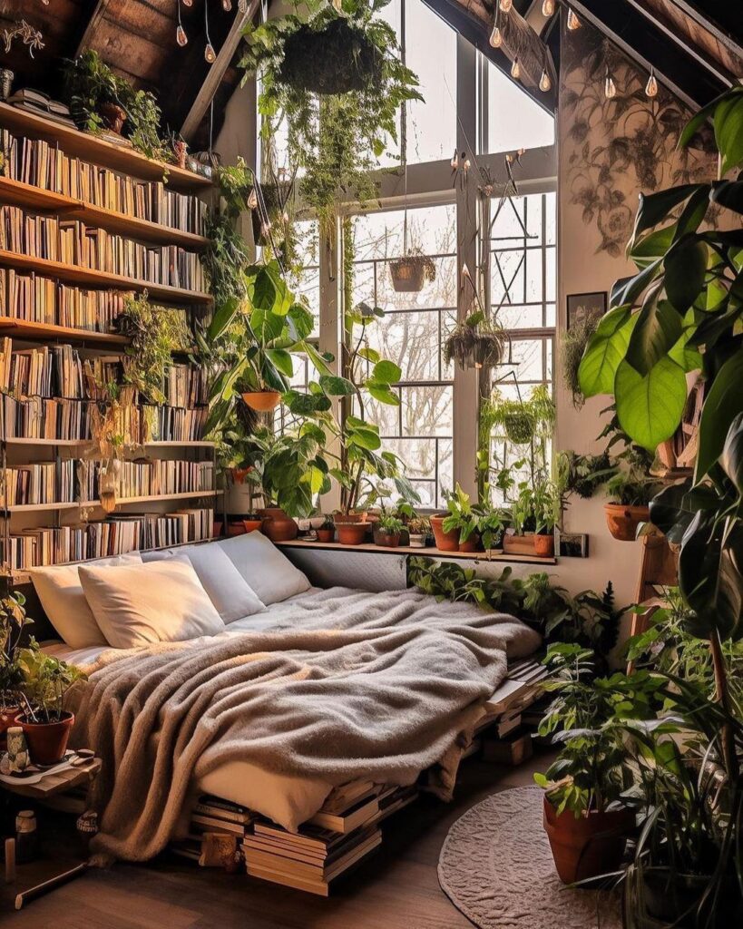 Cozy bedroom with bookshelves plants and large windows.