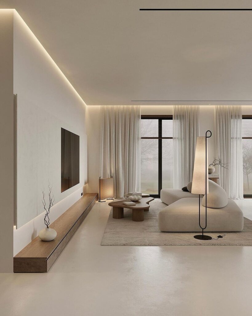 Minimalist cream living room with ambient lighting