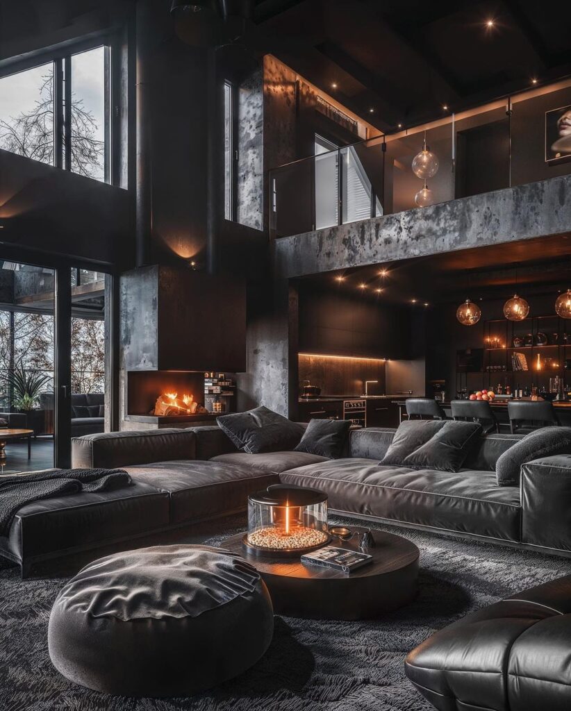 Cozy dark loft living room with fireplace and large windows