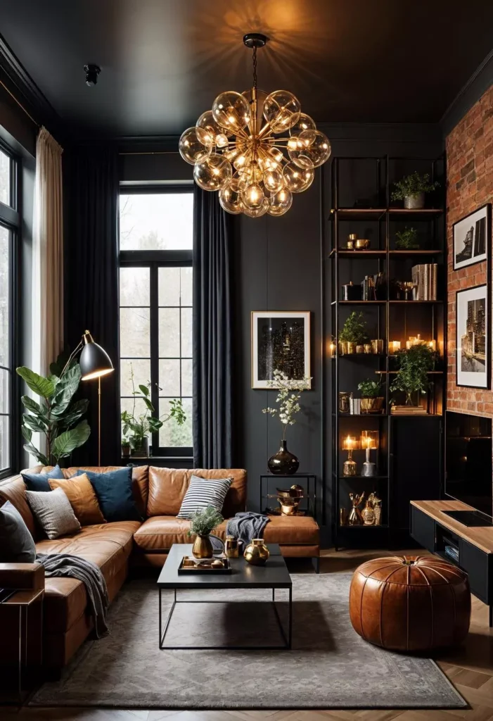 Dark living room with leather sofa and dramatic bubble chandelier