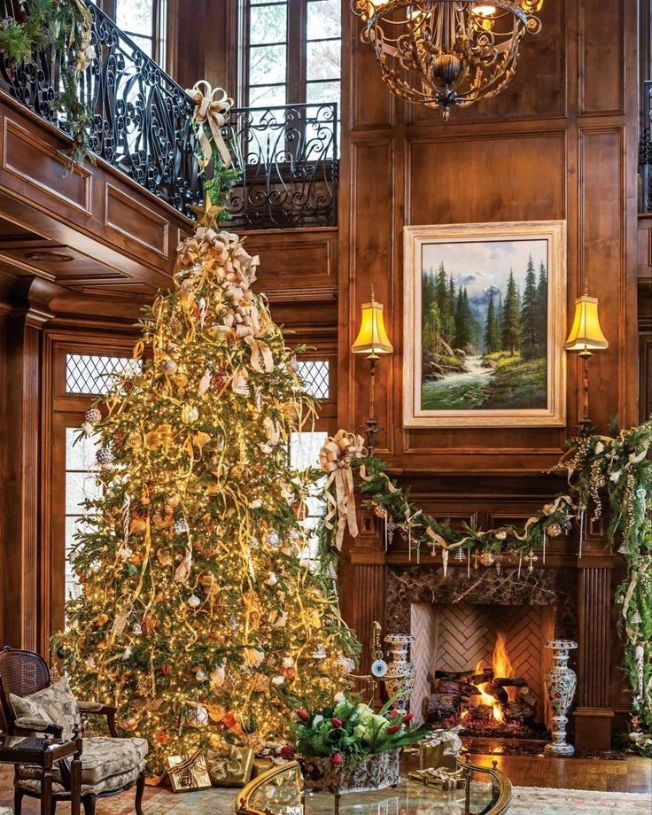 "Elegant wood paneled room with grand Christmas tree fireplace"