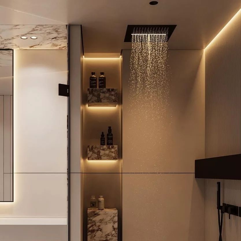 Modern bathroom with waterfall shower and illuminated marble shelves