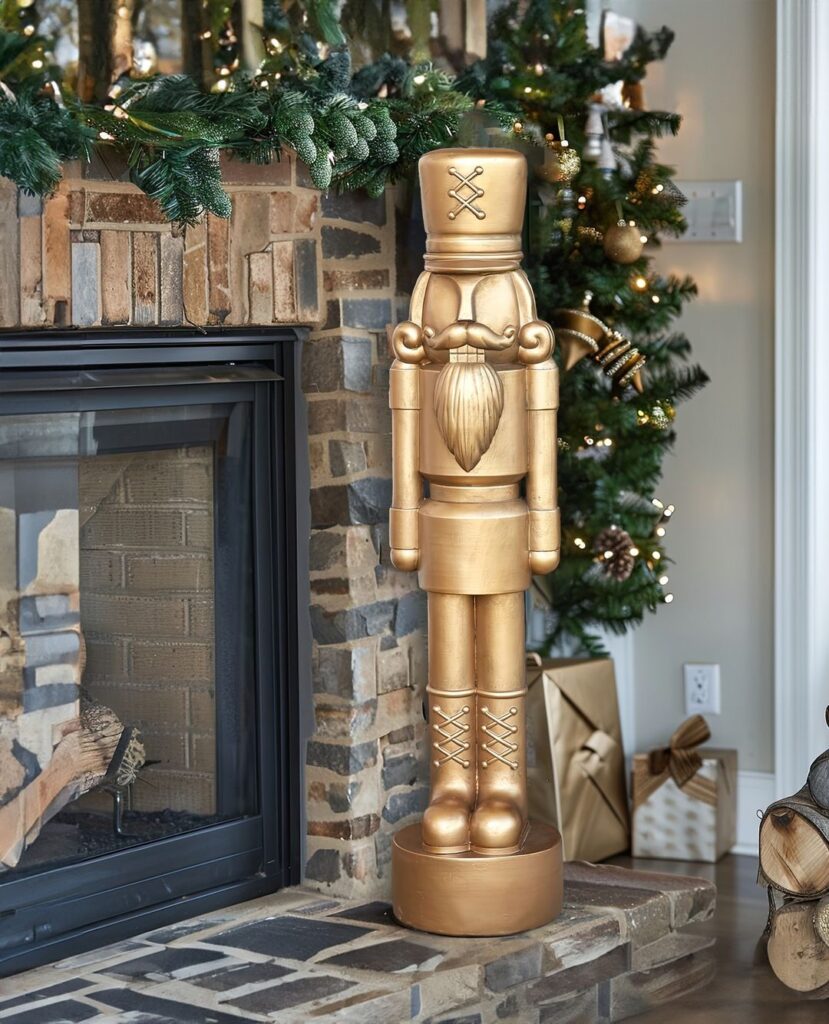 Golden nutcracker statue beside stone fireplace with Christmas greenery